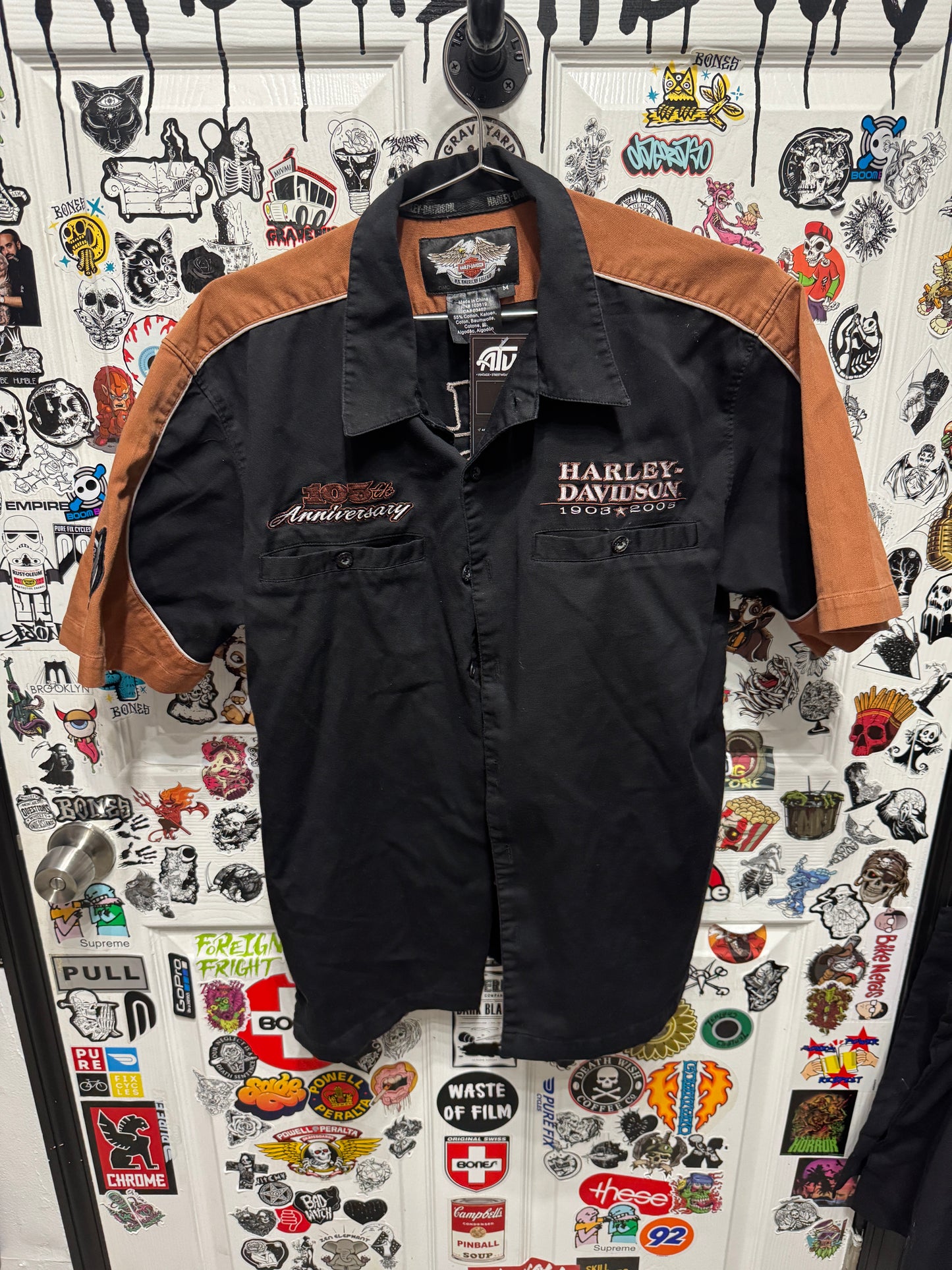 Harley Davidson 1903 - 2008 Anniversary Black /Orange Button Down Shirt Size M