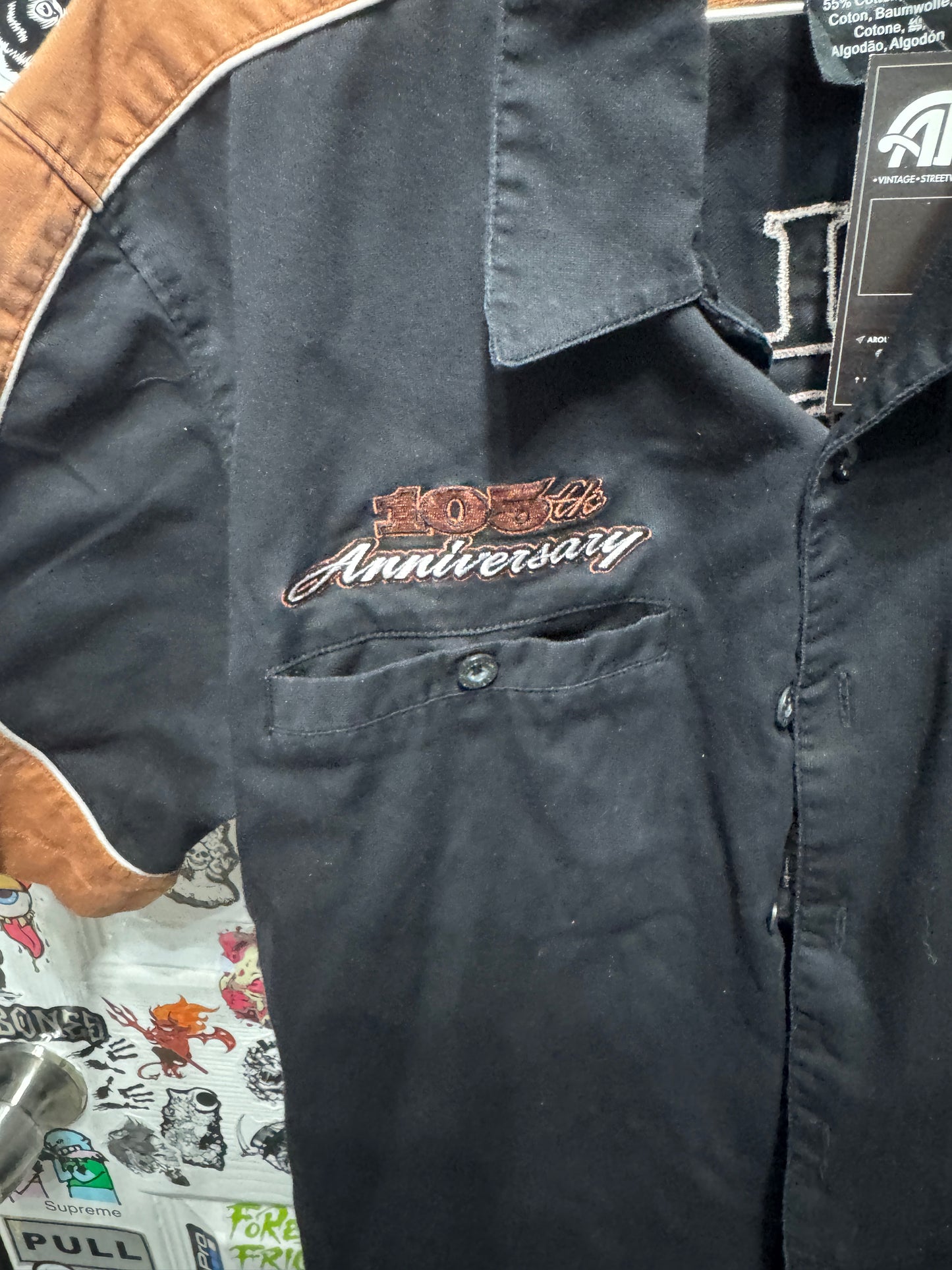Harley Davidson 1903 - 2008 Anniversary Black /Orange Button Down Shirt Size M