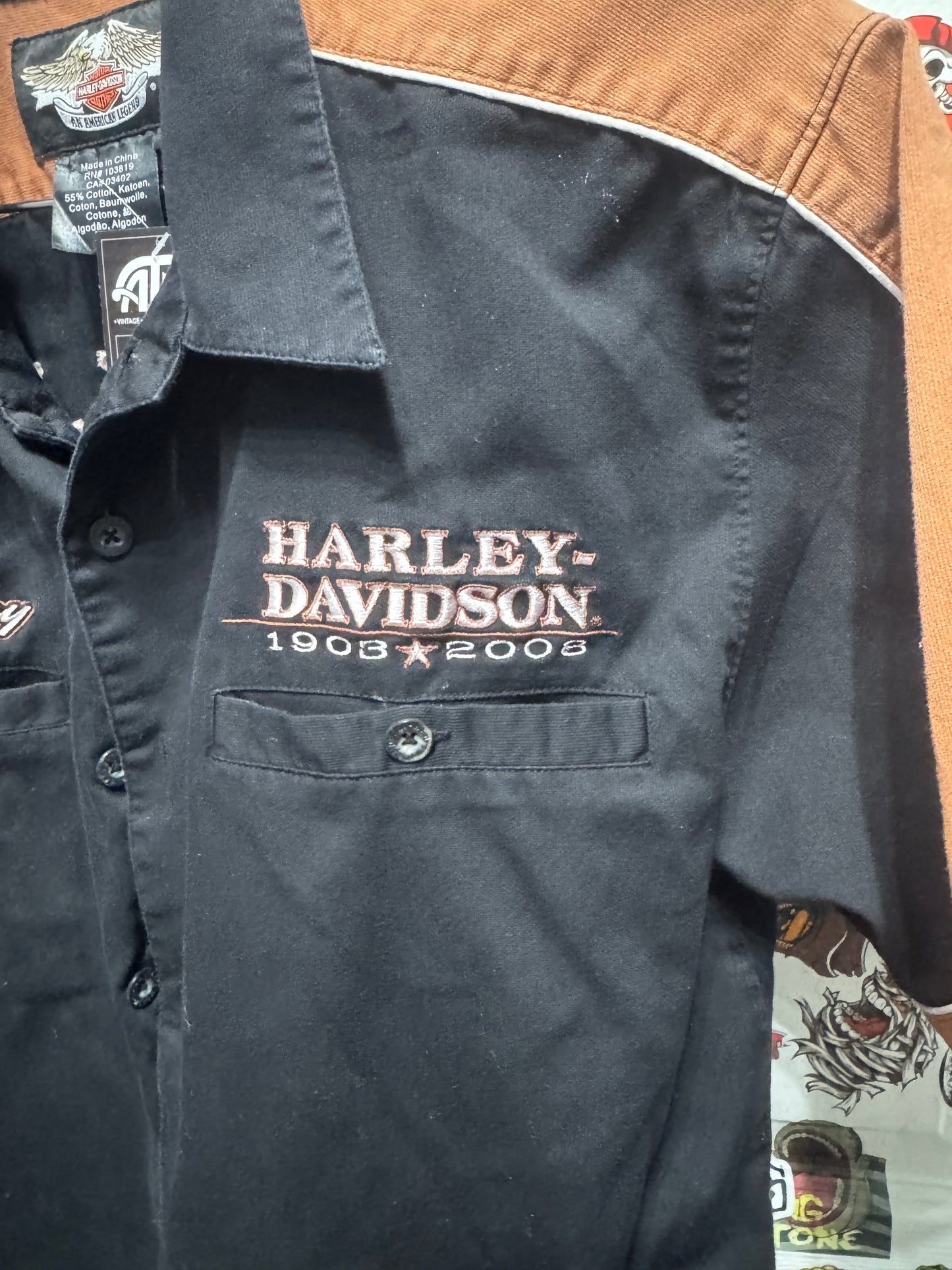 Harley Davidson 1903 - 2008 Anniversary Black /Orange Button Down Shirt Size M