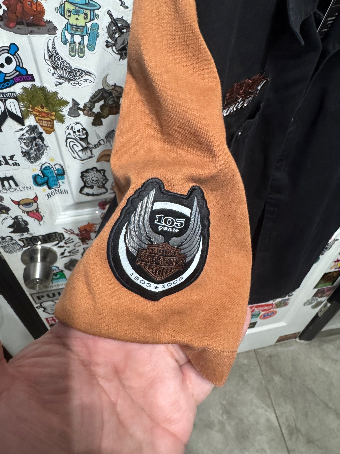 Harley Davidson 1903 - 2008 Anniversary Black /Orange Button Down Shirt Size M