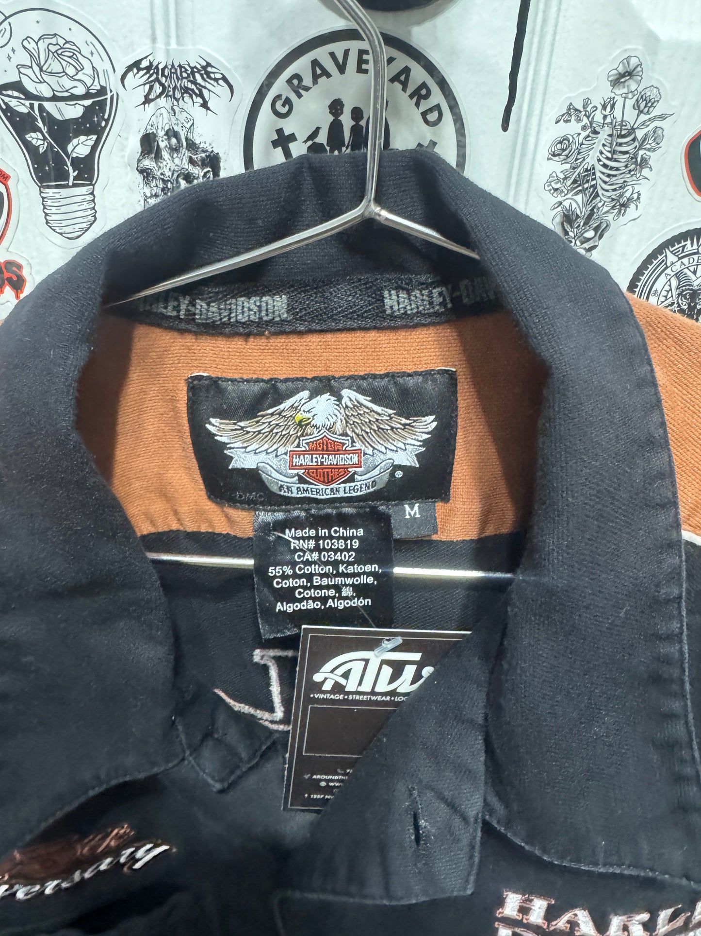 Harley Davidson 1903 - 2008 Anniversary Black /Orange Button Down Shirt Size M