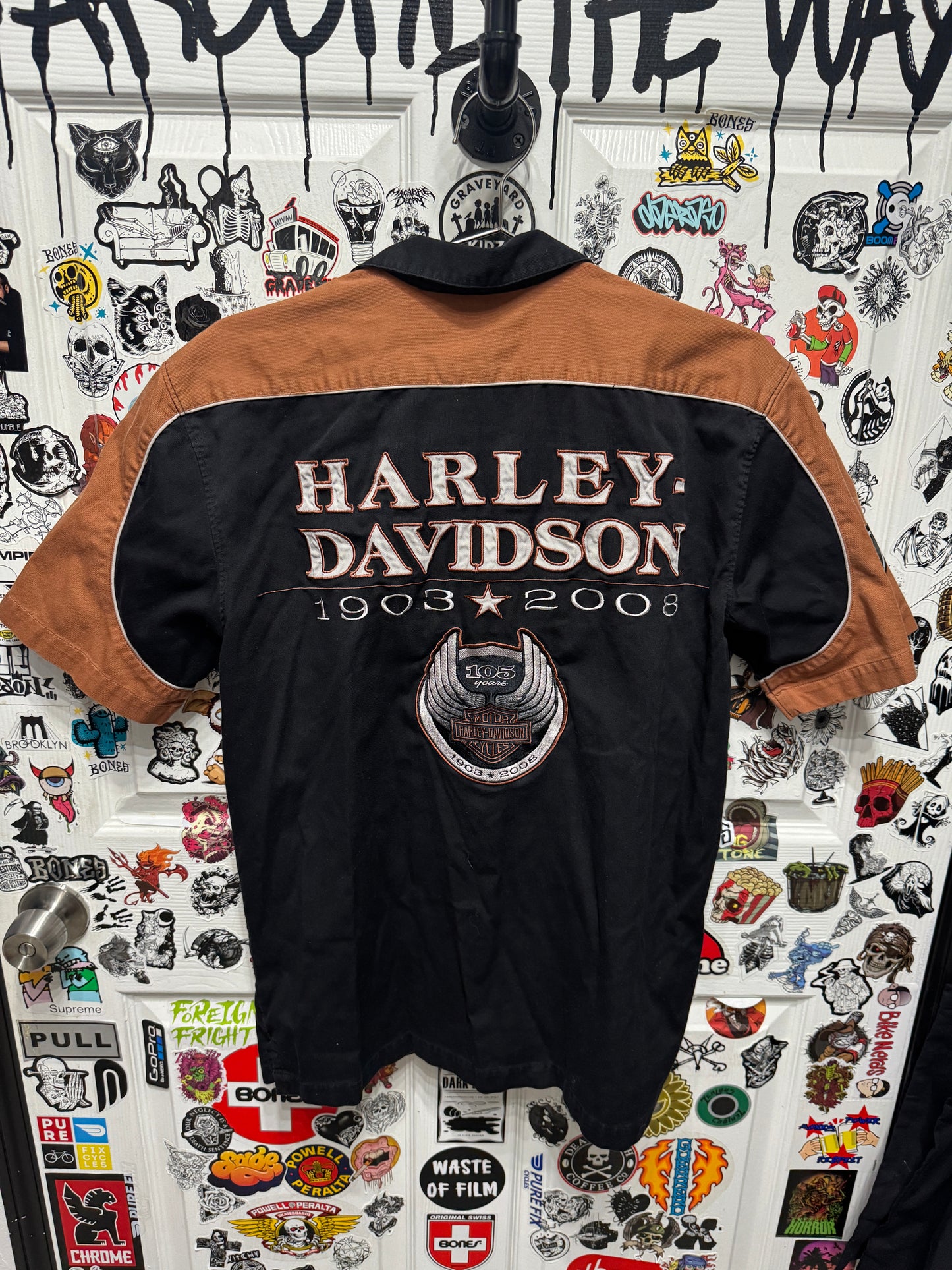 Harley Davidson 1903 - 2008 Anniversary Black /Orange Button Down Shirt Size M