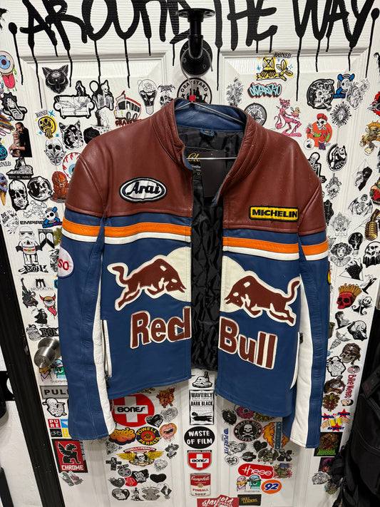 Red Bull Racing Motorcycle Leather Jacket Vintage Style Café Racer Size L