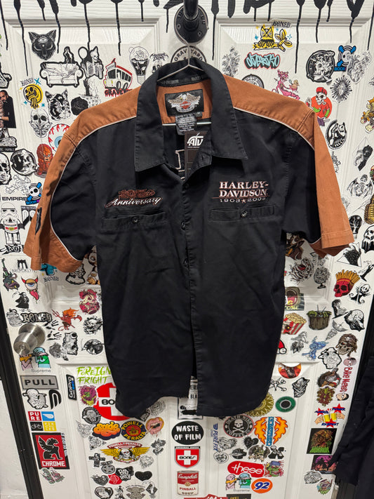 Harley Davidson 1903 - 2008 Anniversary Black /Orange Button Down Shirt Size M
